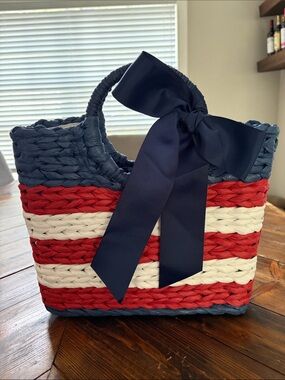 Striped Woven Tote Bag with Navy Bow - Red White Navy